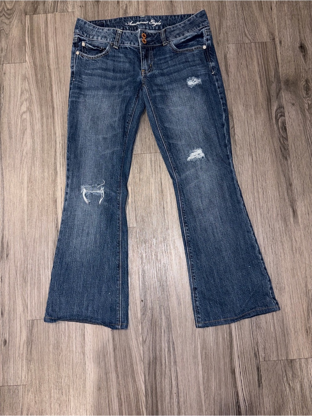 American Eagle Outfitters Women's Bootcut Distressed Jeans - Dark Blue Denim